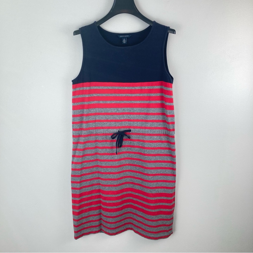 Tommy Hilfiger Dress Red Gray Navy Striped Tie Waist Nautical Sailor Size S